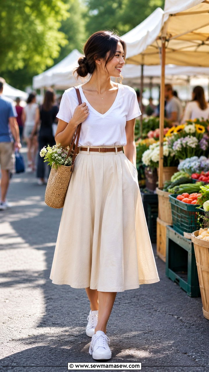 A Line Midi Skirt With Tucked In Tee - 25 Petite outfit ideas with rectangle body