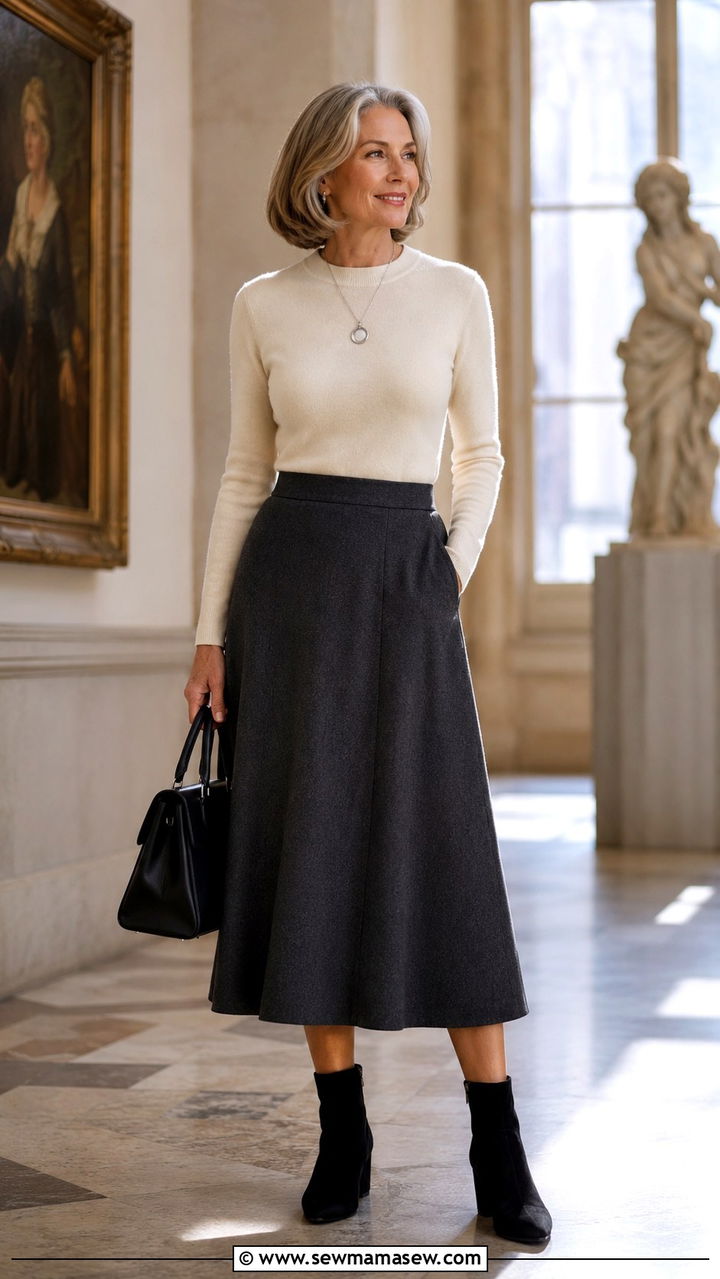 A Line Midi Skirt With a Fitted Cashmere Sweater - 30 Trendy outfit ideas for women over 60