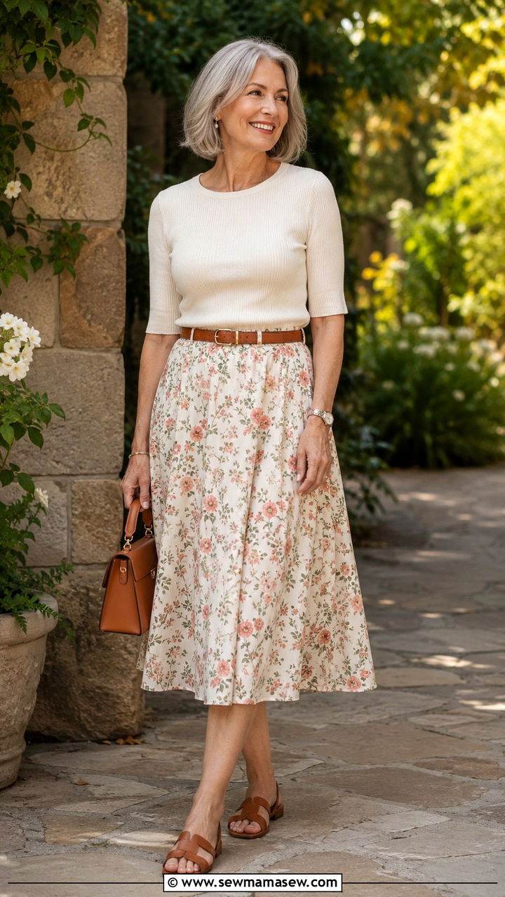 A Line Midi Skirt With a Fitted Knit Top - 25 Outfit ideas for women over 50 casual 2026