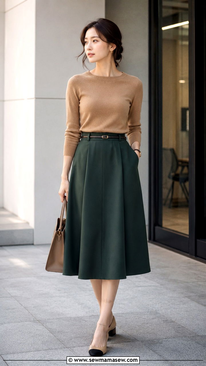 A Line Midi Skirt and Fitted Knit Top - 25 Work outfits for pear shape