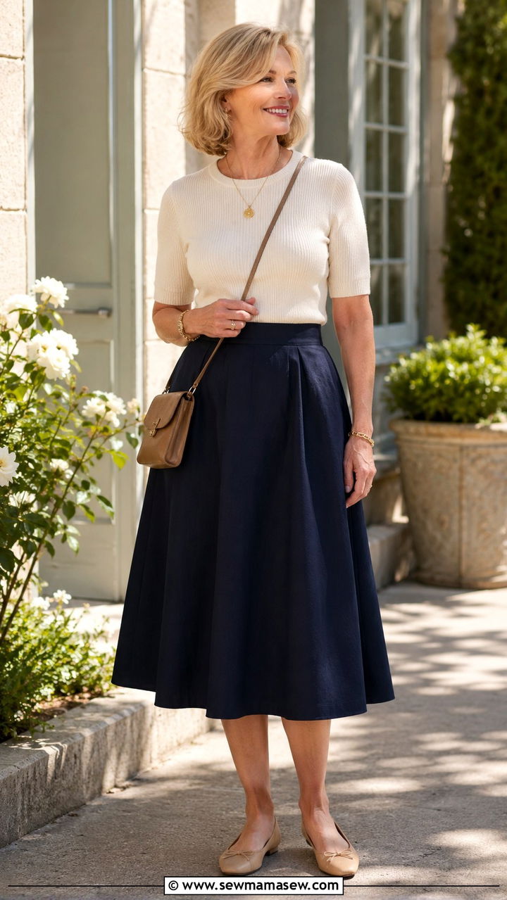 A Line Midi Skirt and Knit Top Outfit - 30 Trendy outfit ideas for women over 50