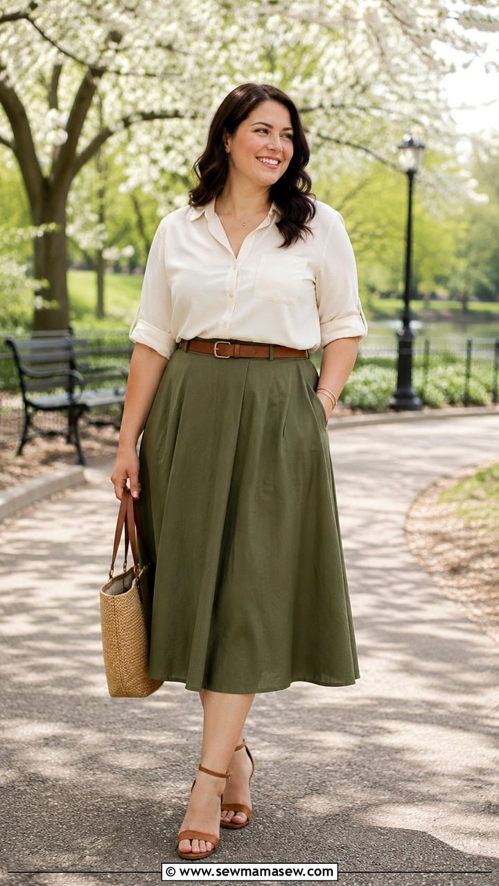 A Line Midi Skirt with Belted Blouse - 30 transitional midsize outfit ideas