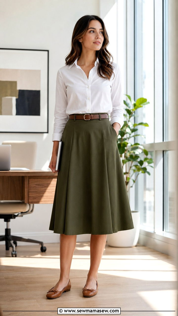 A Line Midi Skirt with Button Down Shirt and Ballet Flats - 30 Modest outfit ideas for work