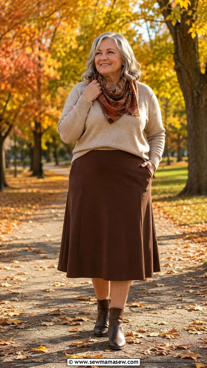 A Line Midi Skirt with Cashmere Sweater and Ankle Boots - 25 Plus size outfits for women over 60