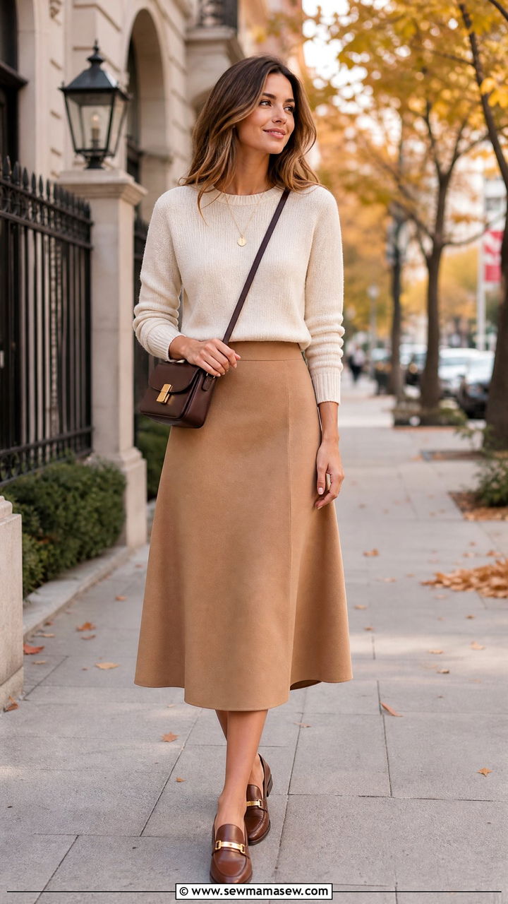 A Line Midi Skirt with Knit Sweater - 25 Business casual outfits with skirt