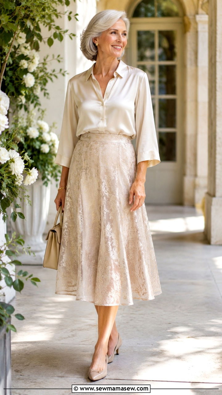 A Line Midi Skirt with Silk Blouse - 25 Modest outfit ideas for women over 60