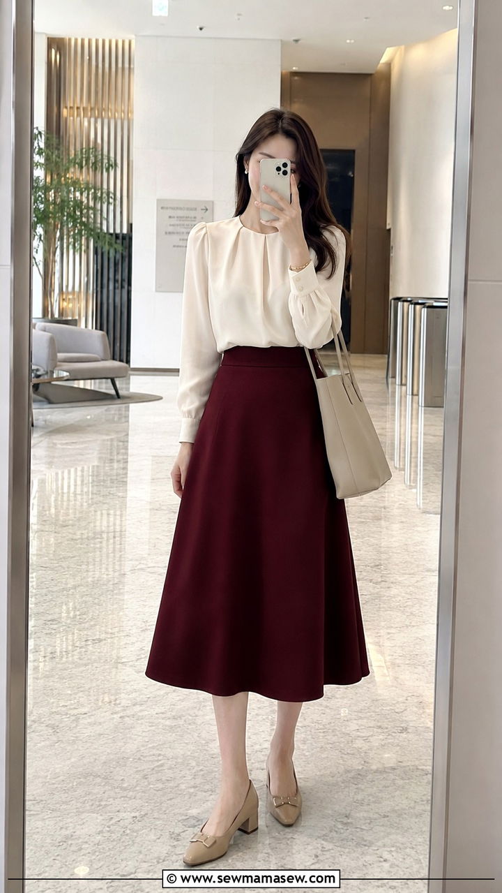 A Line Midi Skirt with Structured Blouse - 20 work outfits for women with wide hips