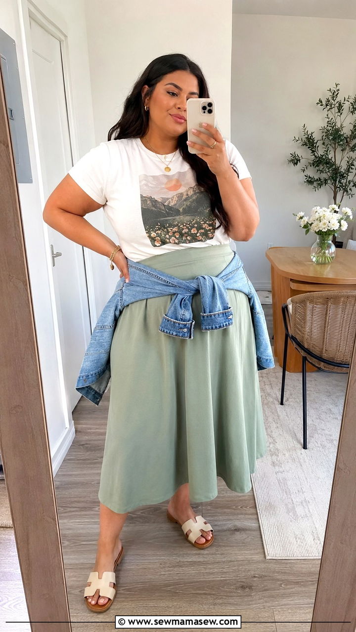 A Line Midi Skirt with Tucked In Graphic Tee and Flat Sandals - 30 plus size brunch outfit ideas