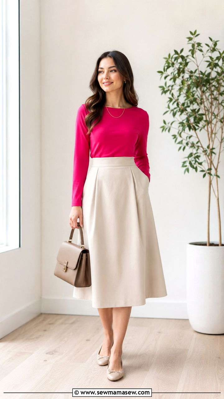 A Line Midi Skirt with a Boat Neck Top - 30 Outfit ideas for wide hips