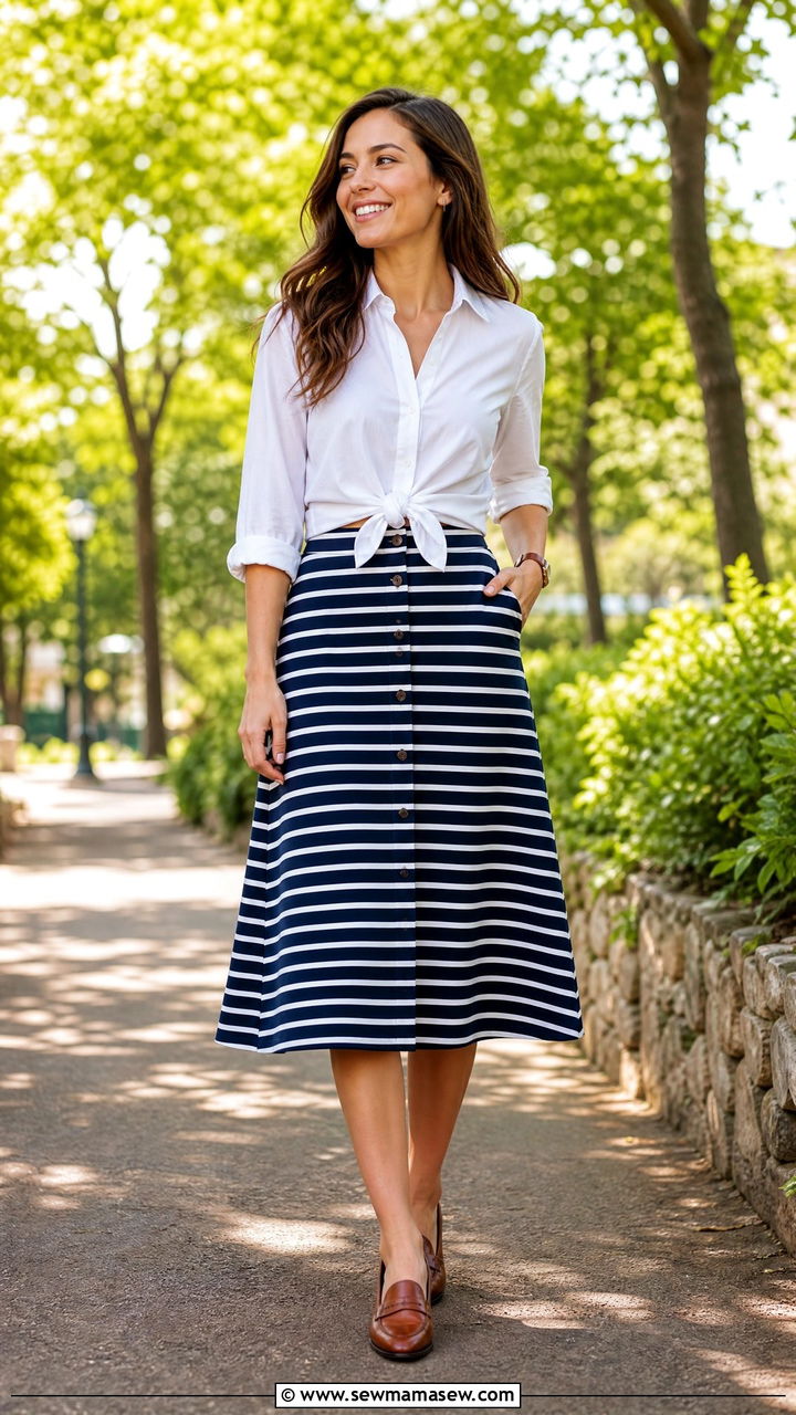 A Line Midi Skirt with a Button Down Shirt and Loafers - 25 How to dress in your 40s