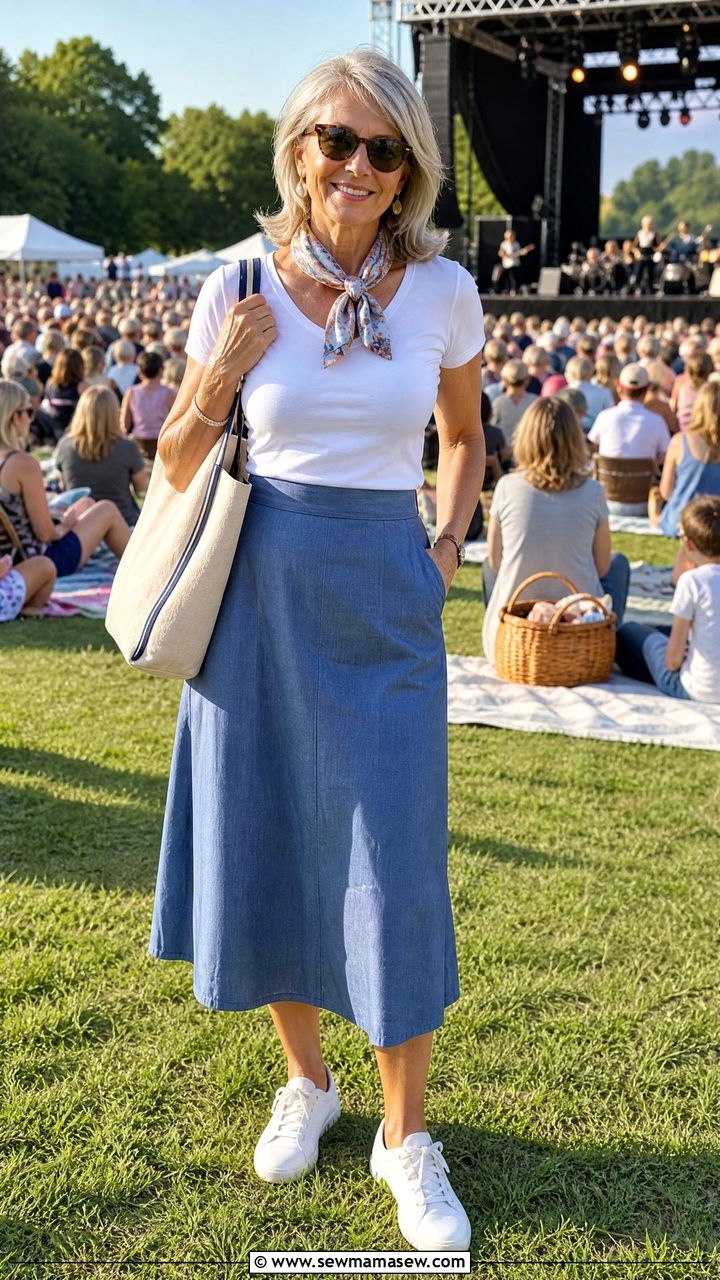A Line Midi Skirt with a Fitted Cotton Tee - 30 Concert outfits for women over 50