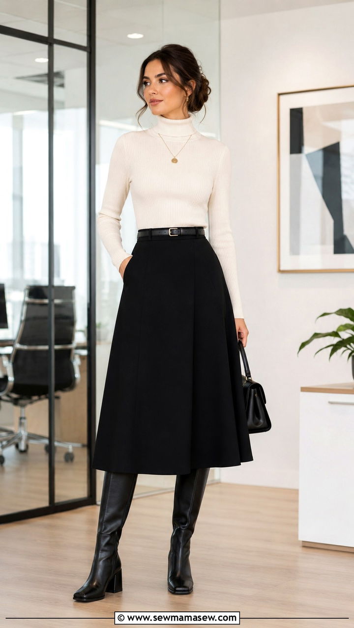 A Line Midi Skirt with a Fitted Turtleneck - 20 work outfits for women with tummy