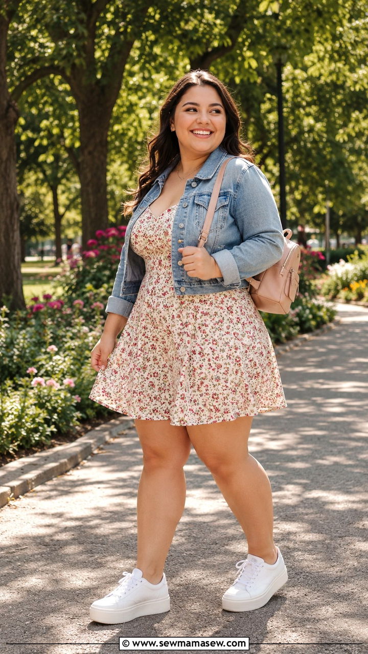 A Line Mini Dress With Denim Jacket And White Sneakers Petite Plus Size - 20 Petite plus size outfit ideas 18