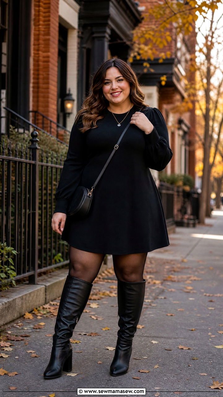 A Line Mini Dress With Knee High Boots Outfit - 30 Cute outfits for curvy women