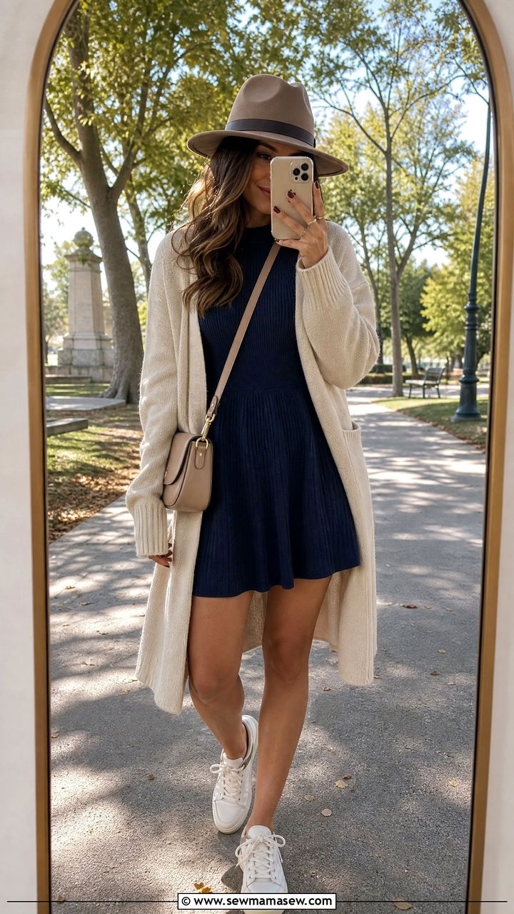A Line Mini Dress With Long Cardigan And White Sneakers Brunch Outfit - 25 Brunch outfit ideas with sneakers