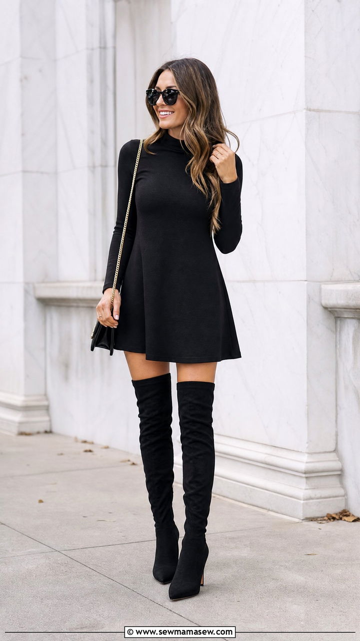 A Line Mini Dress With Long Sleeves And Over The Knee Boots - 25 Outfit ideas to elongate legs