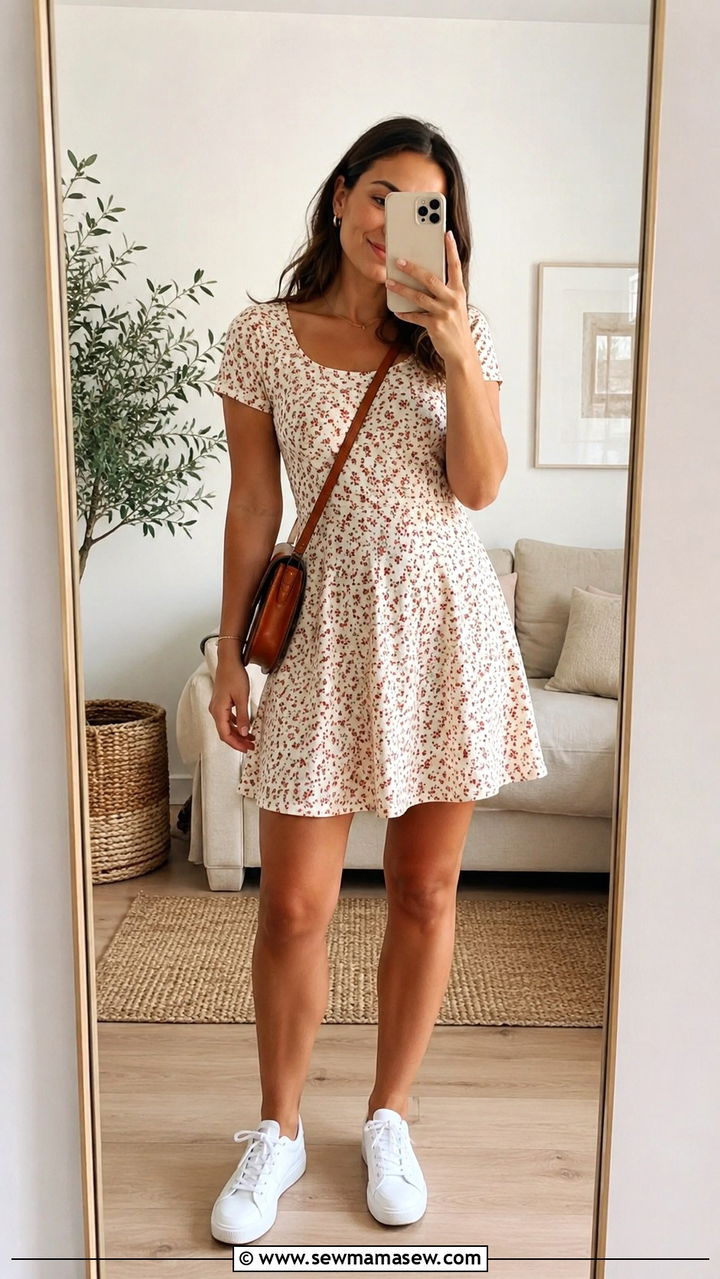 A Line Mini Dress With White Sneakers - 25 Outfit ideas for apple shape summer