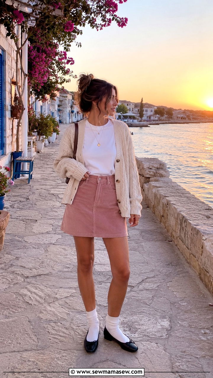 A Line Mini Skirt With Ballet Flats And A Cardigan - 25 Turkey vacation outfit ideas