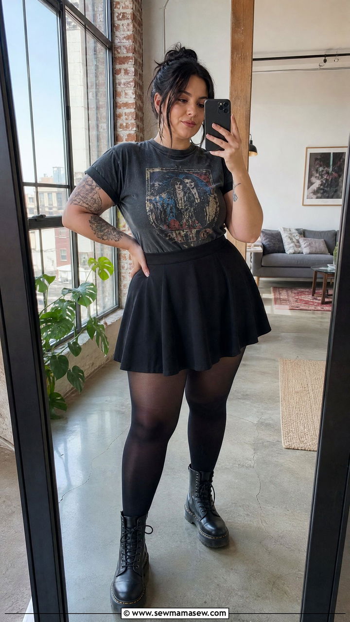 A Line Mini Skirt with Tucked In Graphic Tee and Combat Boots - 25 Flattering outfits for big thighs