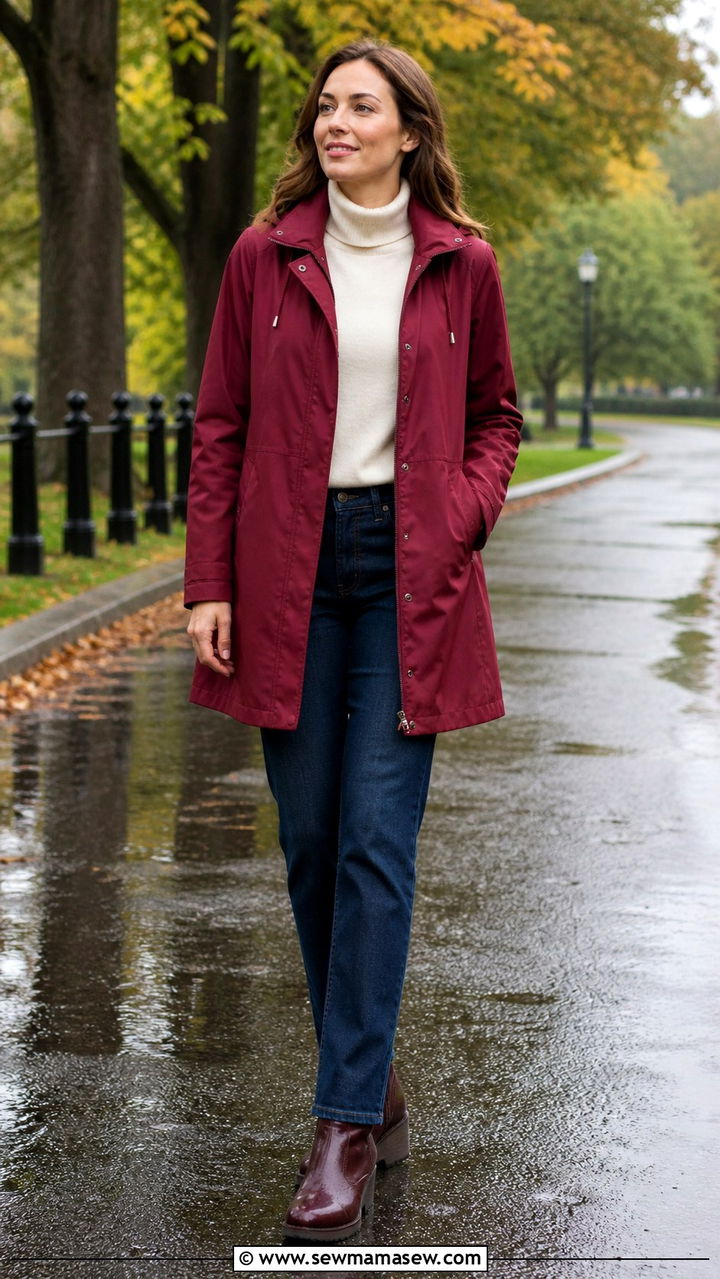 A Line Raincoat with Straight Leg Jeans and Wedge Boots - 40 rainy day outfits