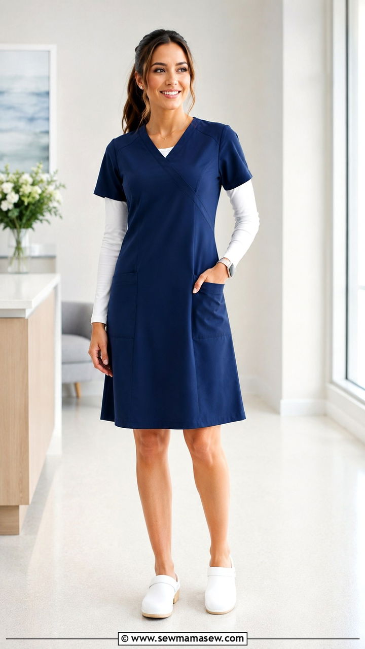A Line Scrub Dress With Underscrub Sleeves - 20 Modest outfit ideas for nurse