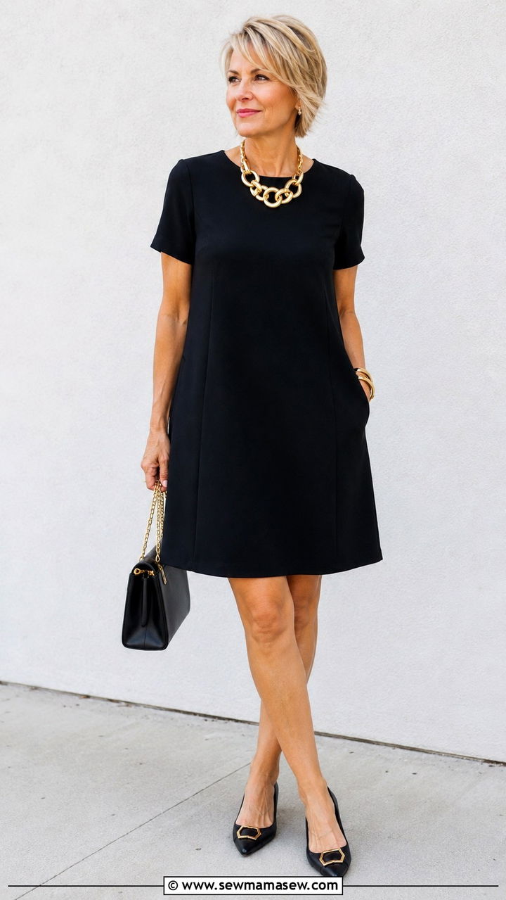 A Line Shift Dress With Statement Necklace - 20 Outfit ideas for apple shape over 50