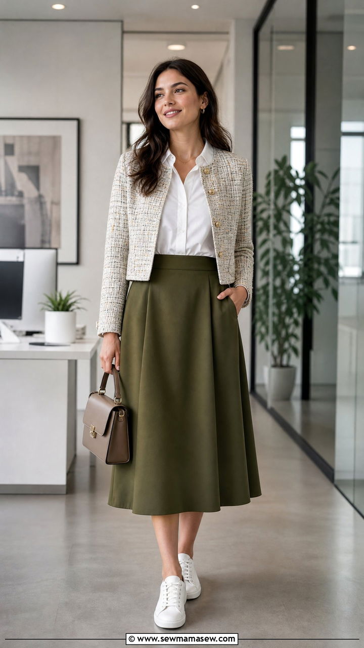 A Line Skirt Paired with White Sneakers for Work - 25 How to style white sneakers for work