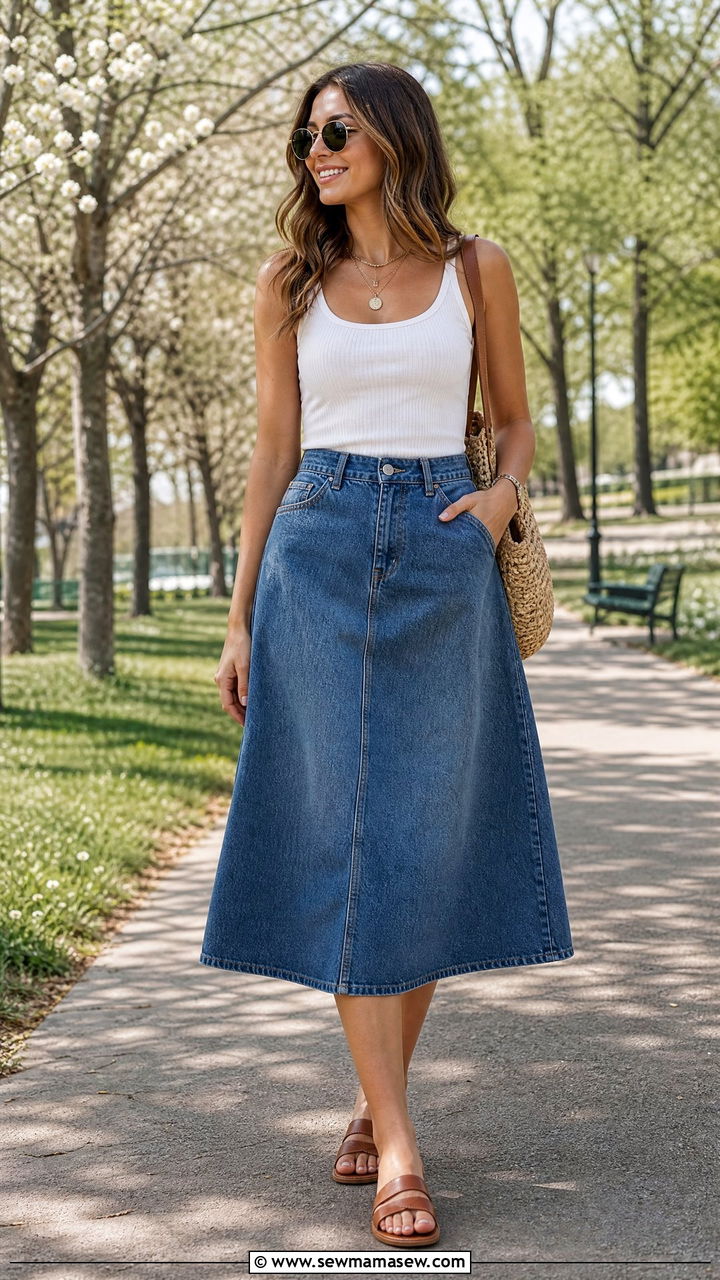 A Line Skirt With Fitted Tank Top - 25 casual outfits for rectangle body shape