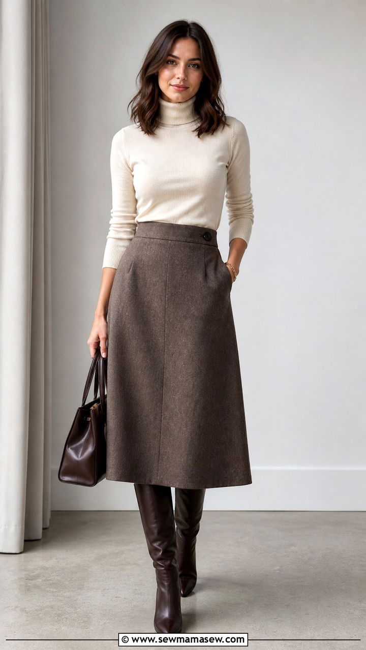 A Line Skirt With Light Turtleneck And Knee High Boots - 40 casual work outfits