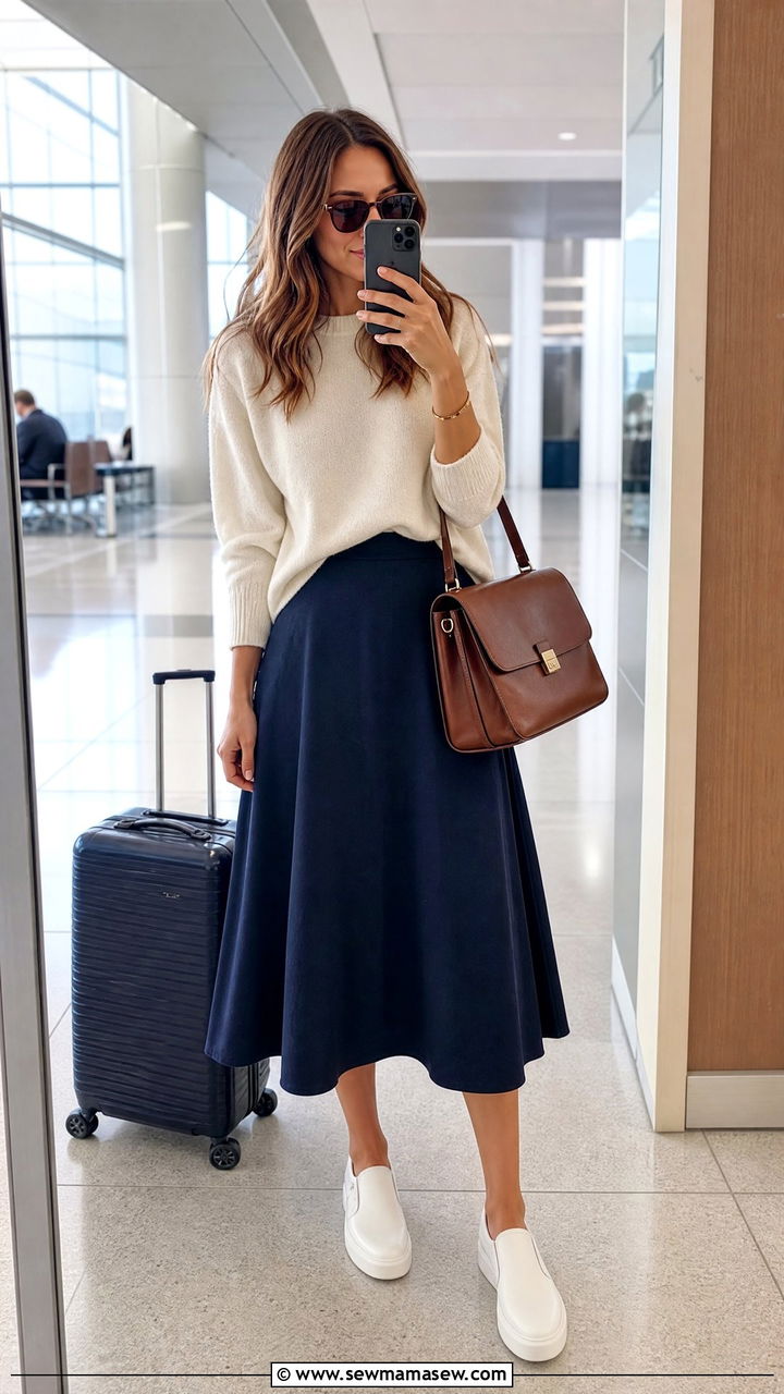 A Line Skirt With Sweater Airport Outfit - 30 modest airport outfit ideas