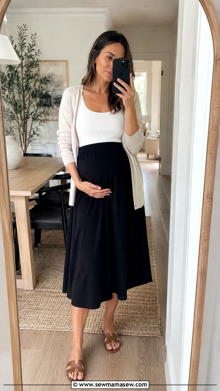 A Line Skirt With Tucked Tank Top - 20 Maternity outfit ideas first trimester
