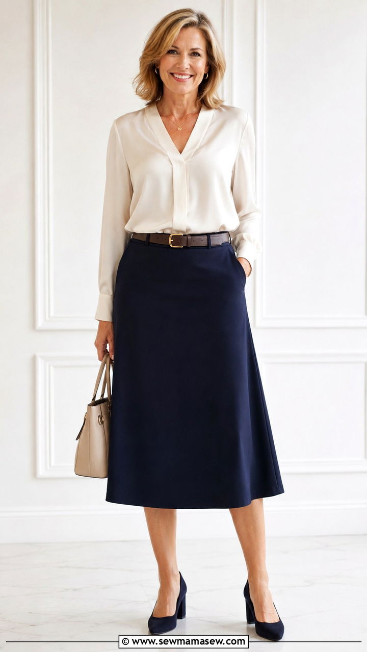 A Line Skirt With V Neck Blouse - 20 Outfit ideas for apple shape over 50