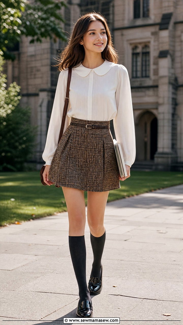 A Line Skirt and Peter Pan Collar Blouse - 30 School outfit ideas with skirt