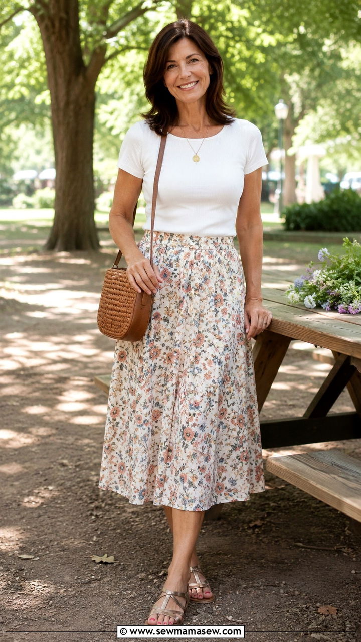 A Line Skirt with Fitted Knit Tee - 30 Picnic outfits for women over 60