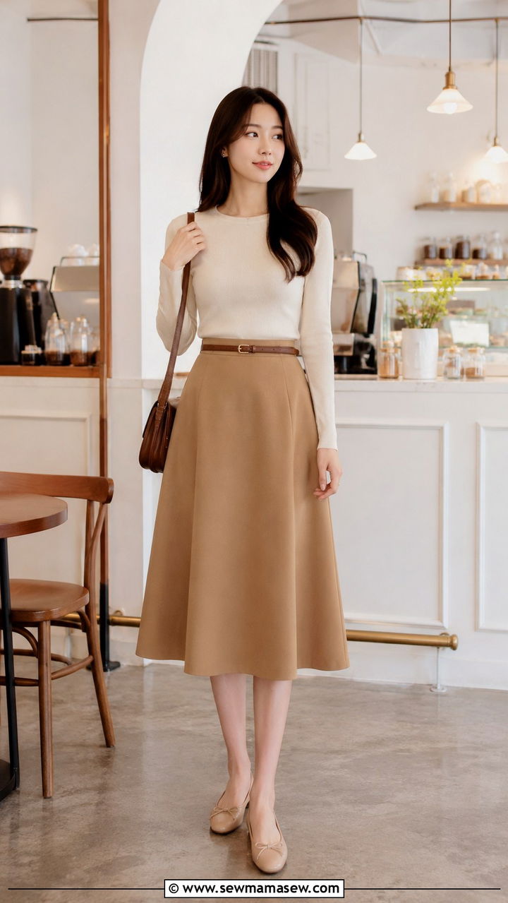 A Line Skirt with Fitted Knit Top and Belt - 25 Outfits that slim the waist