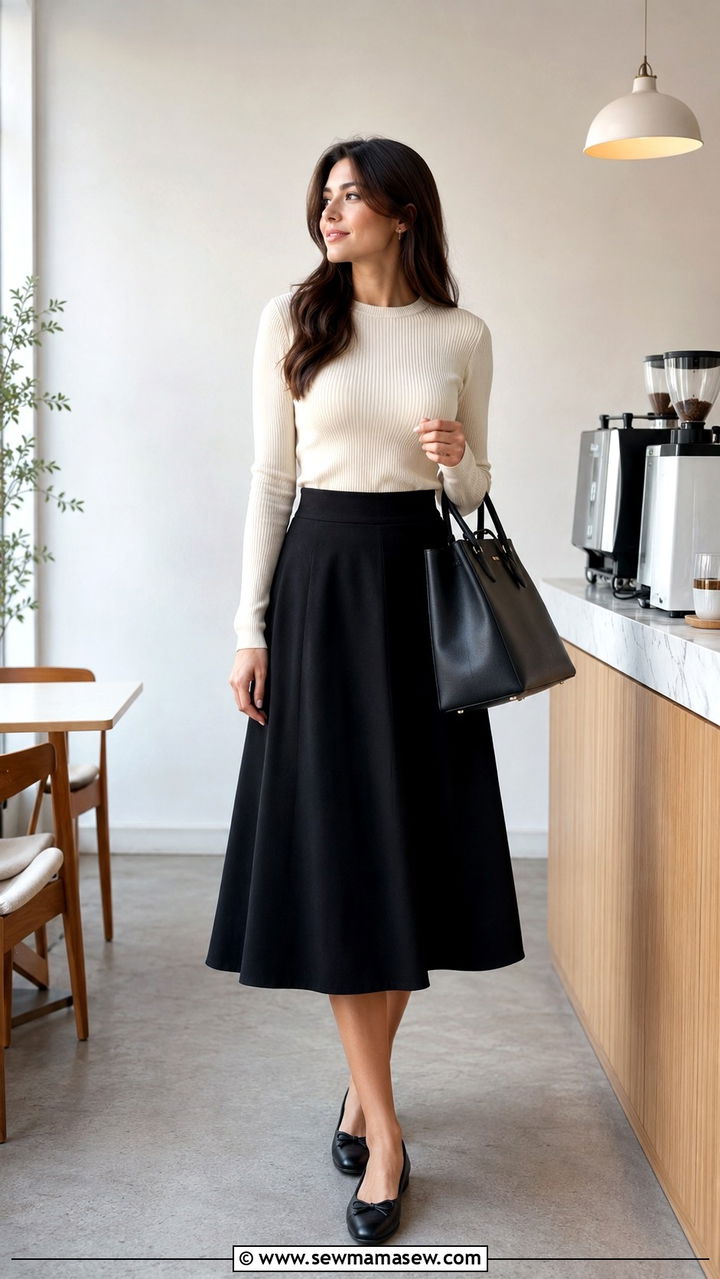 A Line Skirt with Fitted Sweater - 25 Outfit ideas for narrow hips