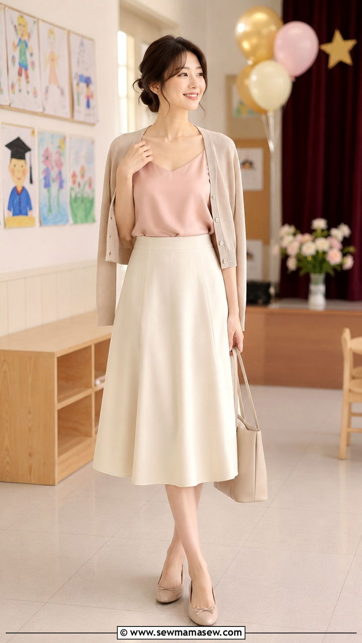 A Line Skirt with Silk Camisole - 30 Kindergarten graduation outfit ideas for moms