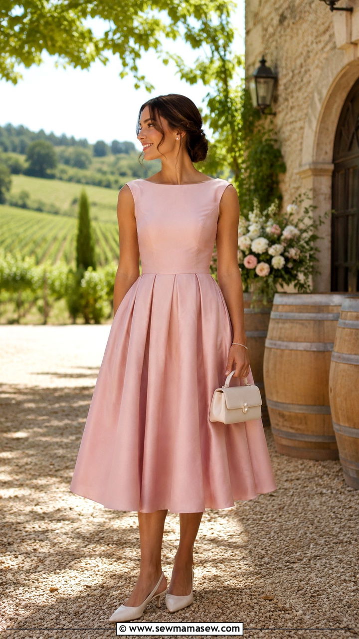 A Line Tea Length Dress With Kitten Heels - 25 Winery wedding guest outfit ideas