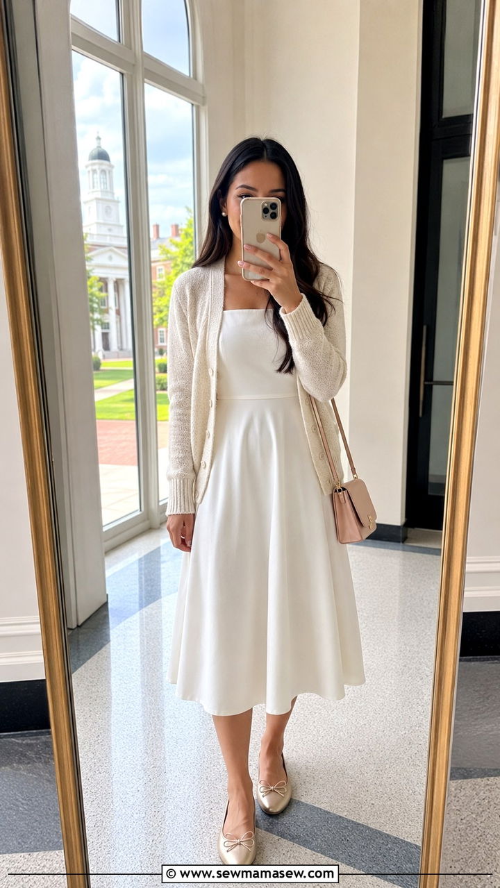 A Line White Dress and Cardigan with Ballet Flats - 25 Nursing school graduation outfit ideas