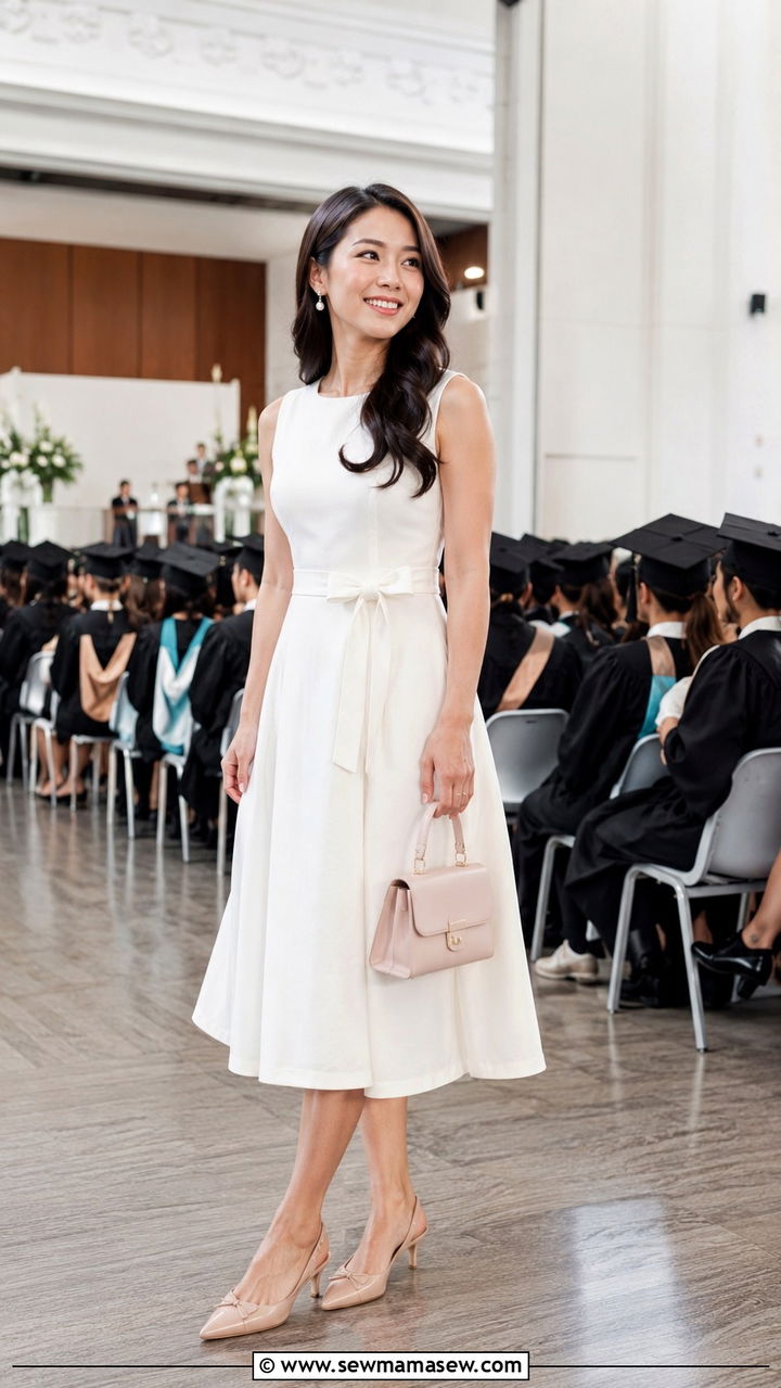 A Line White Midi Dress With Kitten Heels And Ribbon Belt Graduation - 30 chic graduation outfits for women