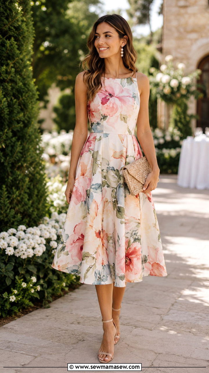 A Line Wrap Dress with Nude Sandals - 25 Wedding guest outfit ideas A line dress