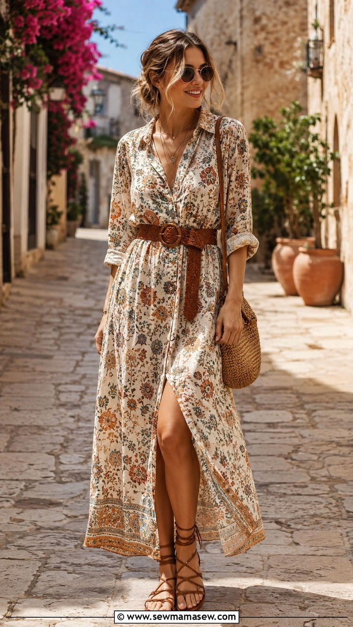 A Printed Boho Shirtdress With A Woven Belt And Tan Gladiator Sandals - 30 Boho outfit ideas for travel