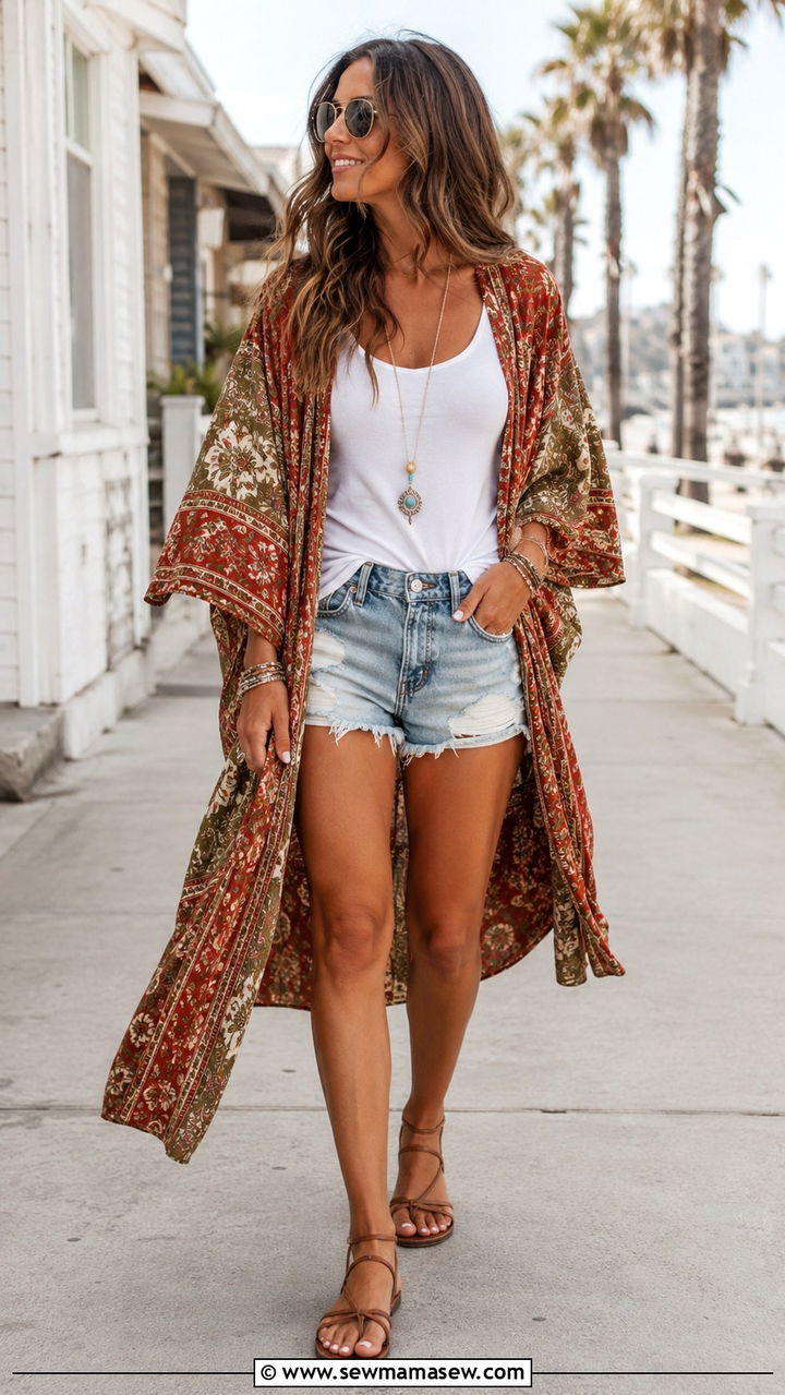 A Printed Kimono Over A Tank Top And Denim Shorts With Flat Sandals - 30 Boho outfit ideas for travel