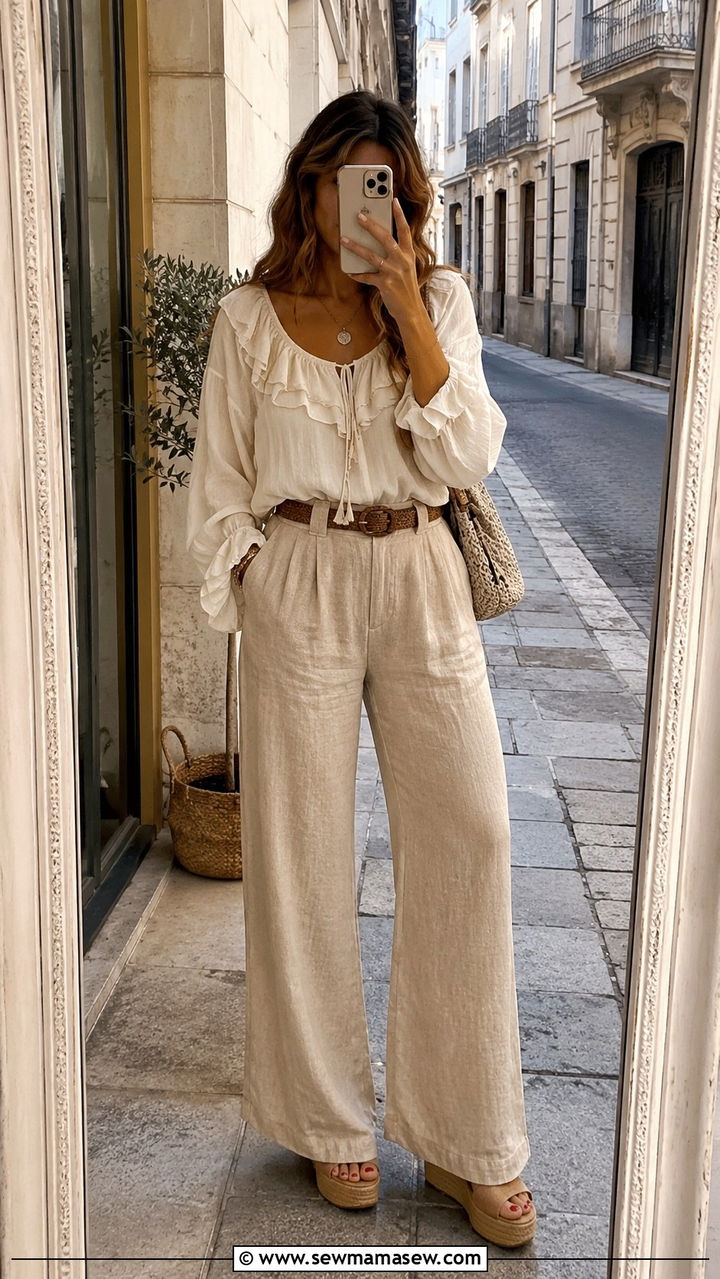 A Ruffled Peasant Blouse With Wide Leg Linen Pants And Platform Sandals - 30 Boho outfit ideas for travel
