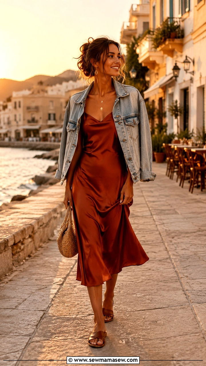 A Rust Satin Slip Dress With A Denim Jacket And Flat Sandals - 30 Boho outfit ideas for travel