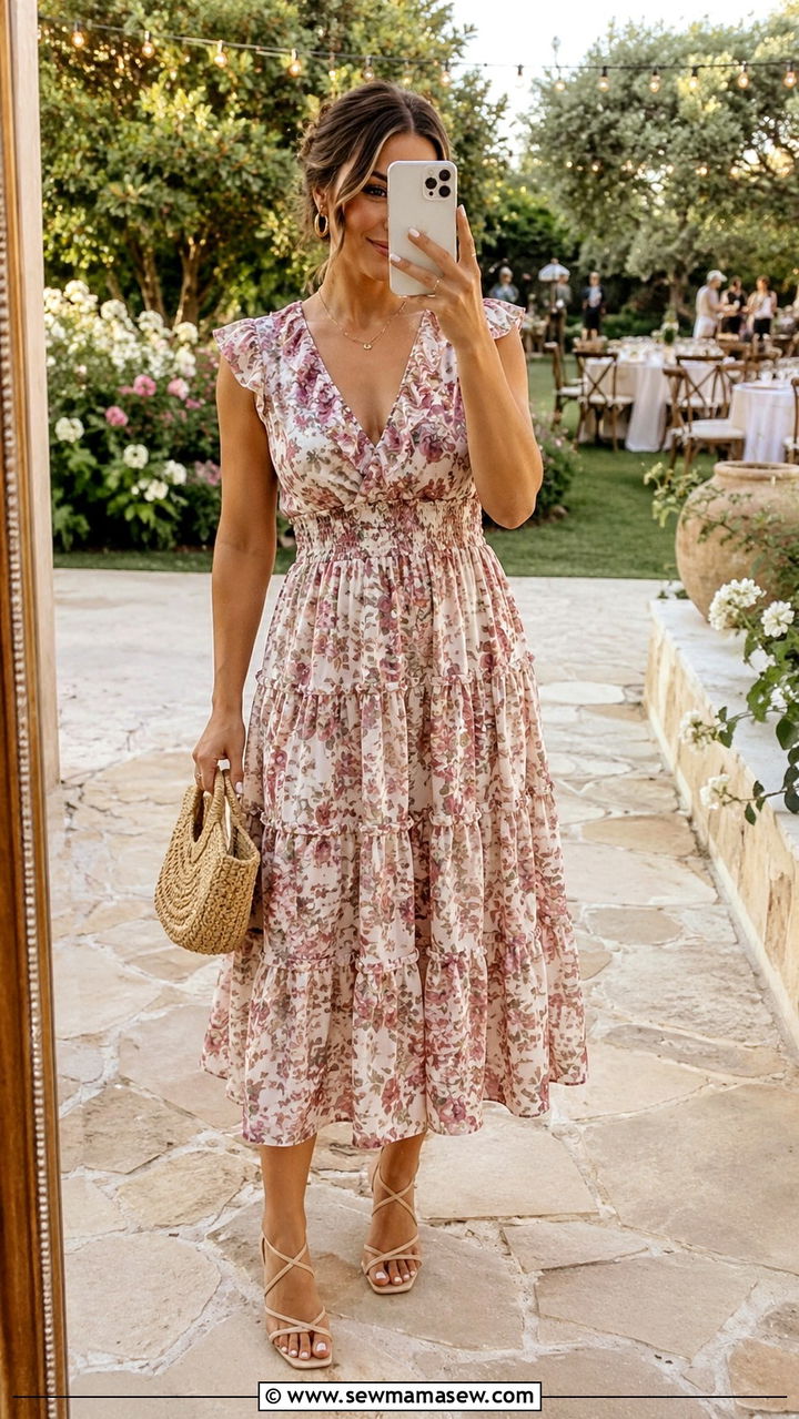 A high quality image of a tiered midi dress with heeled sandals full body mirro - 25 Wedding guest outfit ideas 5'4