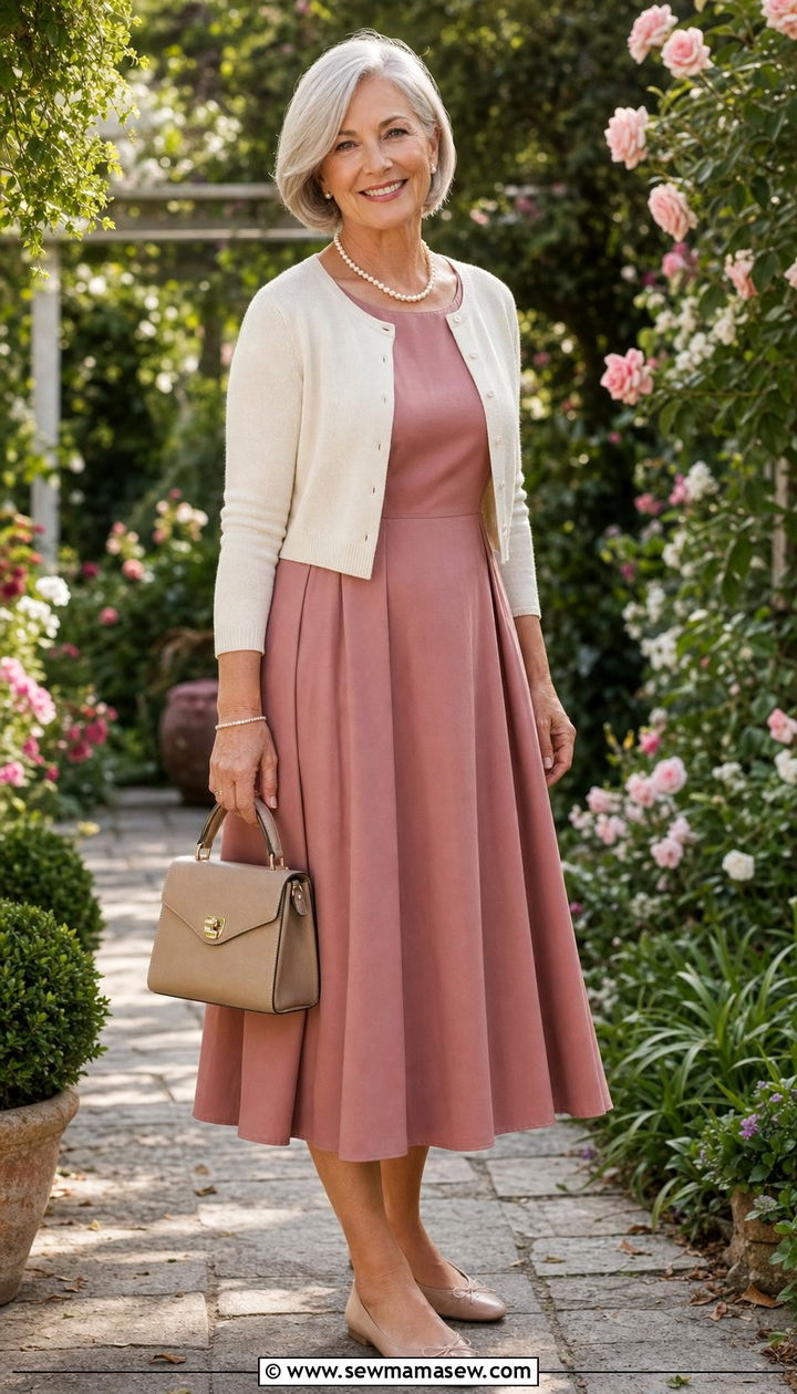 A line Midi Dress With A Cropped Cardigan - 25 Dress outfit ideas for women over 60