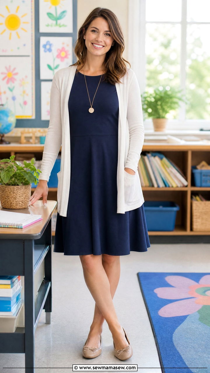 A line dress with a lightweight cardigan - 30 Summer outfit ideas for teacher
