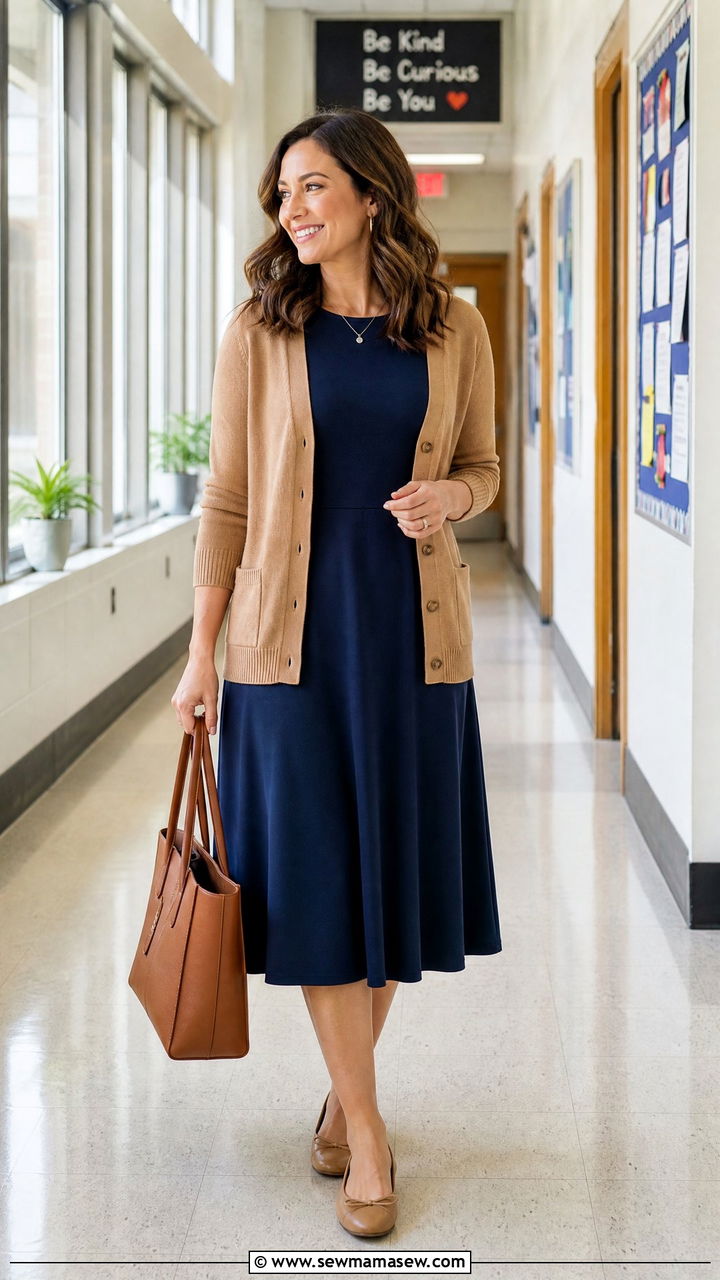 A line dress with cardigan - 30 Music teacher outfit ideas