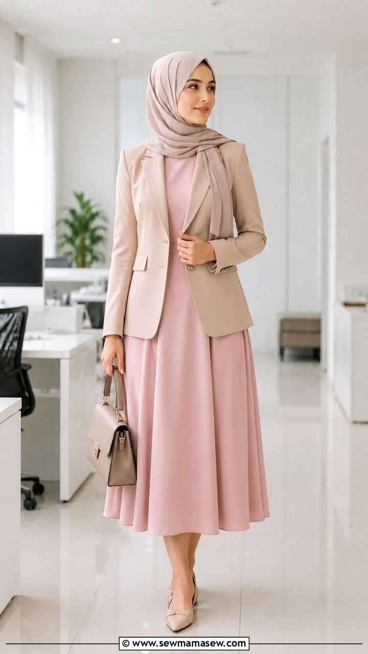 A line dress with structured blazer hijab style - 30 hijab outfit ideas